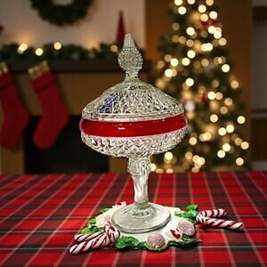 Vintage Indiana Glass Ruby Flash Pedestal Compote Candy Dish-Red-1960s-Holiday
